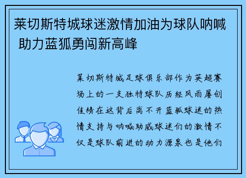 莱切斯特城球迷激情加油为球队呐喊 助力蓝狐勇闯新高峰