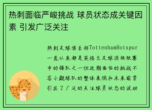 热刺面临严峻挑战 球员状态成关键因素 引发广泛关注