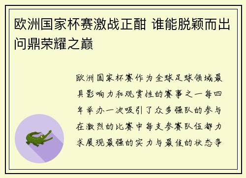 欧洲国家杯赛激战正酣 谁能脱颖而出问鼎荣耀之巅