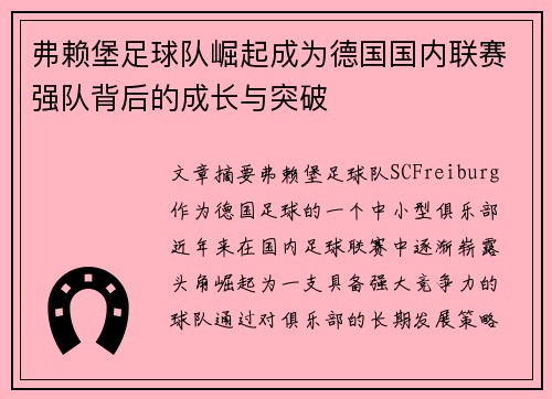 弗赖堡足球队崛起成为德国国内联赛强队背后的成长与突破