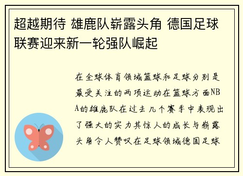 超越期待 雄鹿队崭露头角 德国足球联赛迎来新一轮强队崛起