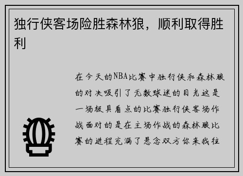 独行侠客场险胜森林狼，顺利取得胜利