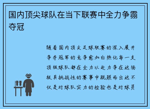 国内顶尖球队在当下联赛中全力争霛夺冠