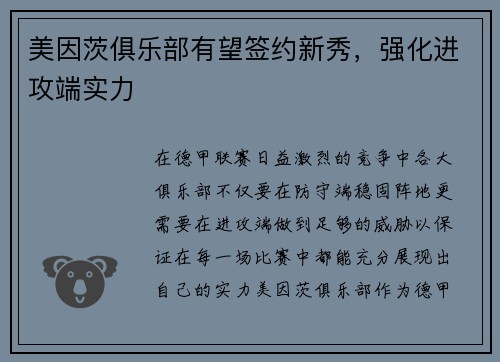 美因茨俱乐部有望签约新秀，强化进攻端实力