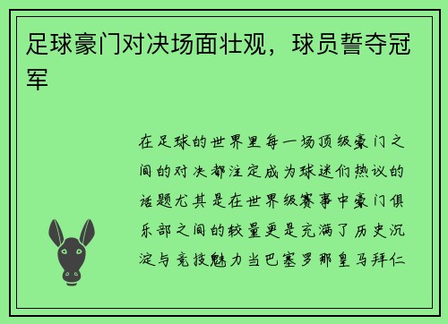 足球豪门对决场面壮观，球员誓夺冠军