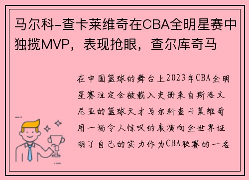 马尔科-查卡莱维奇在CBA全明星赛中独揽MVP，表现抢眼，查尔库奇马