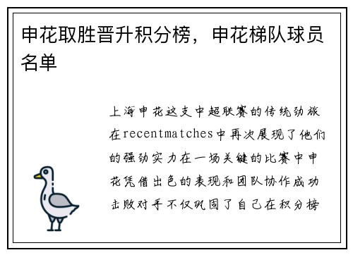 申花取胜晋升积分榜，申花梯队球员名单