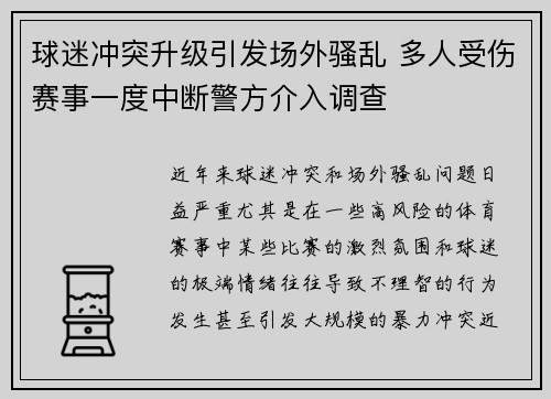 球迷冲突升级引发场外骚乱 多人受伤赛事一度中断警方介入调查