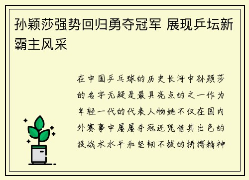 孙颖莎强势回归勇夺冠军 展现乒坛新霸主风采